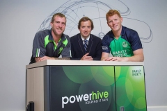 19/08/15. John Mooney  - Irish Cricket all-rounder, Clive Gilmore - CEO Hanley Energy and Kevin O’Brien – Irish Cricket vice-captain and all-rounder
pictured at the announcement of the New Irish Cricket Team Sponsors at Hanley Energy HQ. ahead of the Hanley Energy Challenge versus World Champions Australia in Stormont on 27th August. Photo by: Sean Brosnan