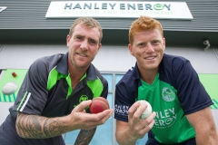 19/08/15. John Mooney  - Irish Cricket all-rounder and Kevin O’Brien – Irish Cricket vice-captain and all-rounder
pictured at the announcement of the New Irish Cricket Team Sponsors at Hanley Energy HQ. ahead of the Hanley Energy Challenge versus World Champions Australia in Stormont on 27th August. Photo by: Sean Brosnan
