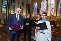 11/03/2014. Carmichael Centre Launches its Flagship Fundraising Event, The Dublin Good Friday Concert in the recently refurbished Lady Chapel in St Patrick's Cathedral. Pictured from left to right: Senator David Norris, Geraldine Hynes, Mairead McNamara from Goethe-Institut Choir and Brad Hennessy from St Patrick's Cathedral Choir School. Picture by Sean Brosnan